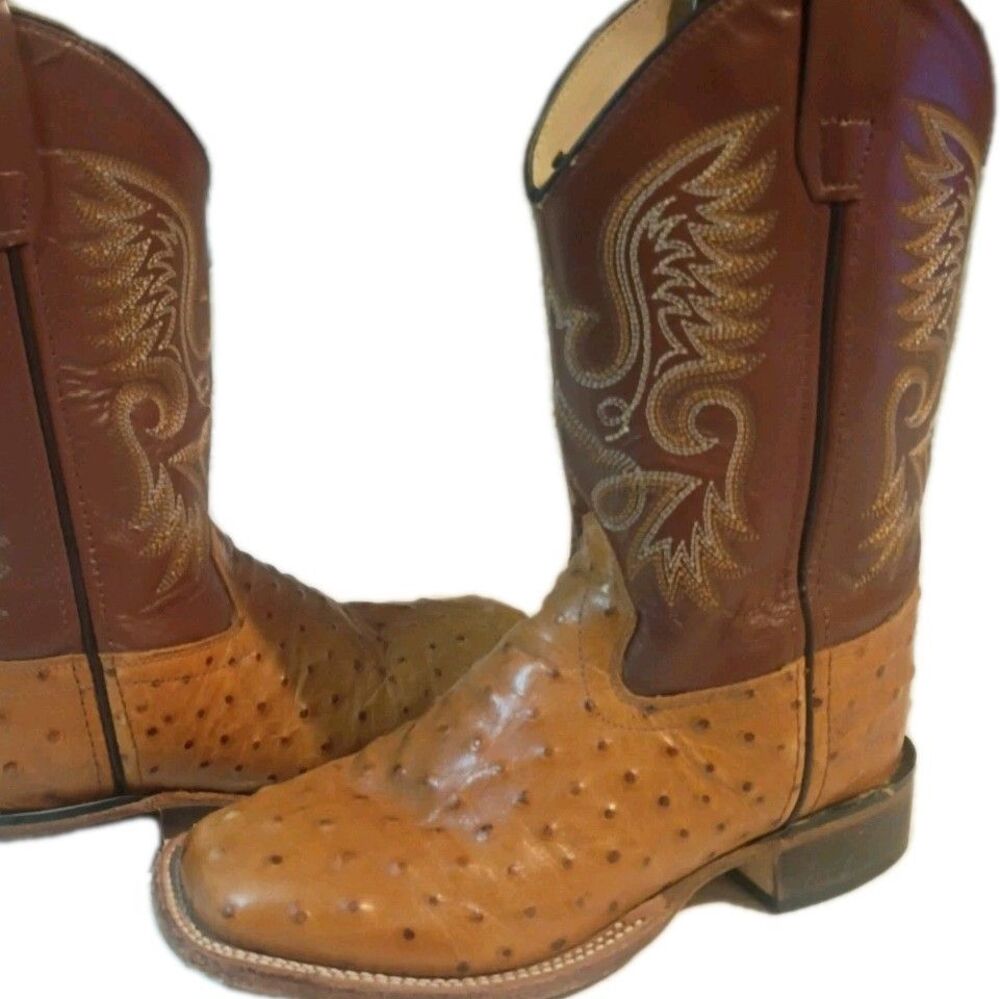 Old West Leather/Ostrich Square Toe Western Cowboy Boots Youth Size 2 D